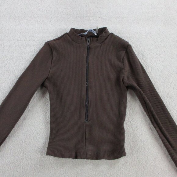 Naked Wardrobe Mock Neck Ribbed Crop Top Womens XS Brown Long Sleeve Zip Jacket - Picture 2 of 9